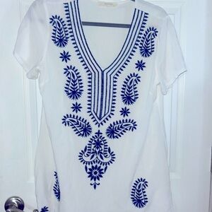 Solitaire Swim Embroidered White and Blue Tunic Coverup Small
